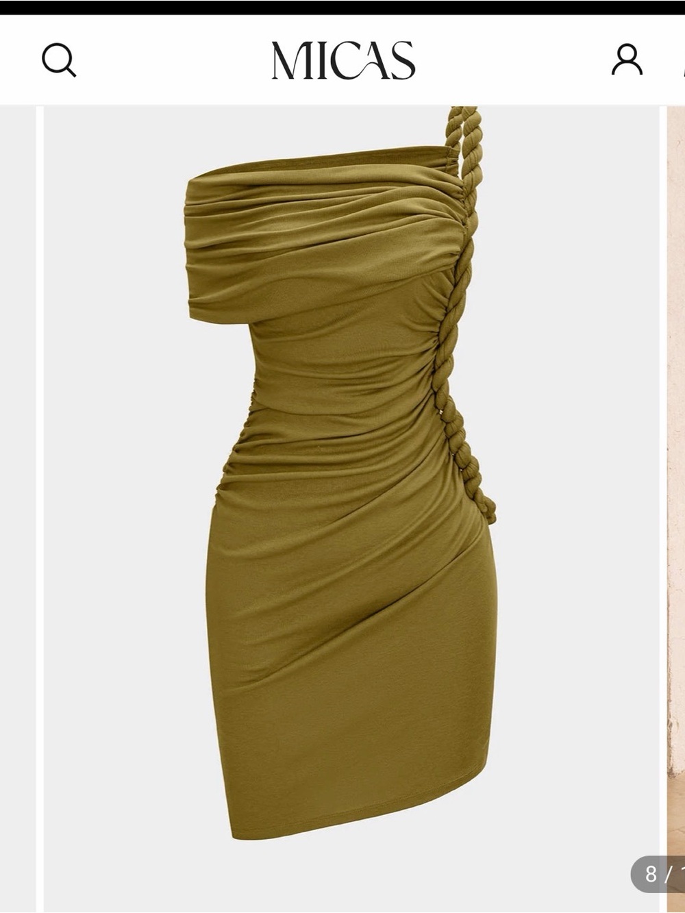 MICAS NWT Size S Olive One-Shoulder Ruched Mini Dress